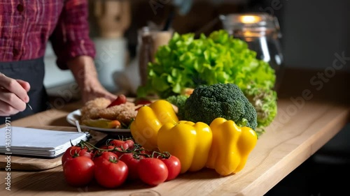 Preparing a healthy meal with fresh vegetables and notes on a wooden kitchen table.