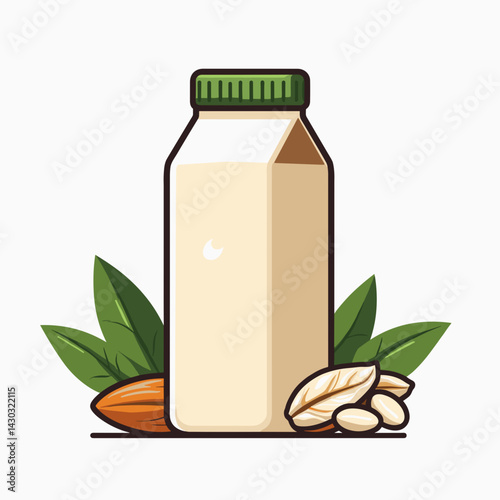 natural almond milk with green leafy plant