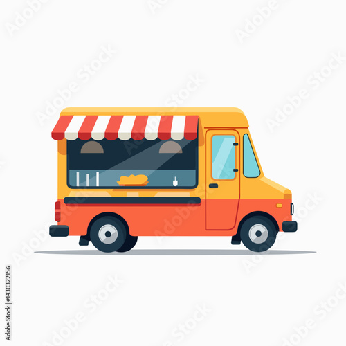 vibrant food truck with orange van and red awning
