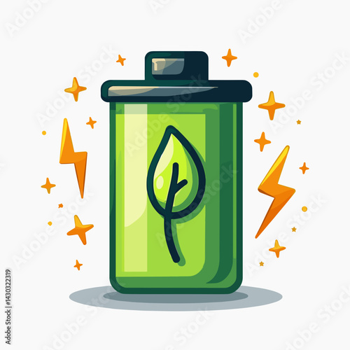 ecofriendly rechargeable battery with green leaf logo and sparkles