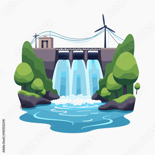 colorful illustration of hydroelectric dam with waterfall