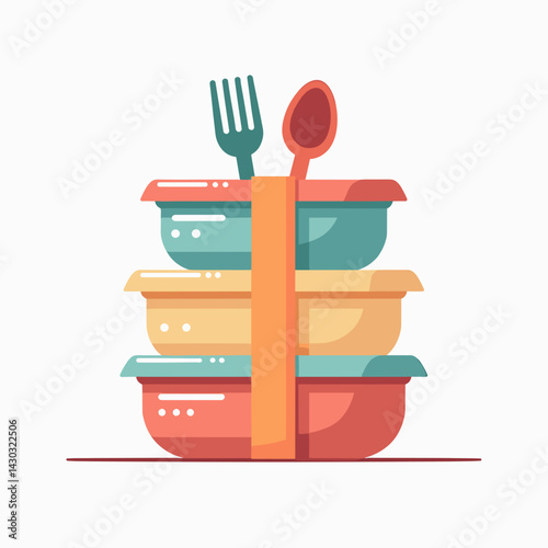 vibrant stack of colorful food containers with utensils
