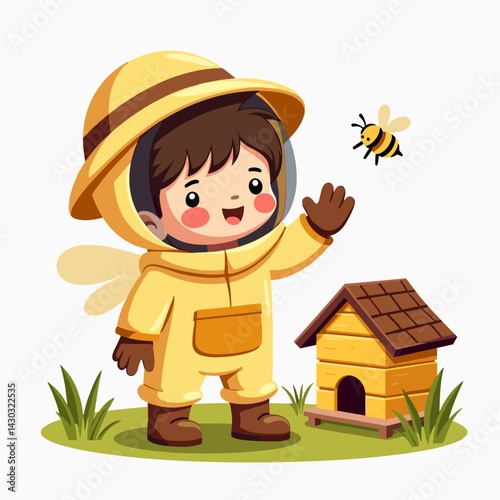 beekeeper in yellow suit waving at bee