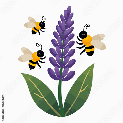 vibrant bees on purple violets with green leaves  nature illustration