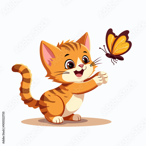 cute orange tabby kitten playing with yellow butterfly
