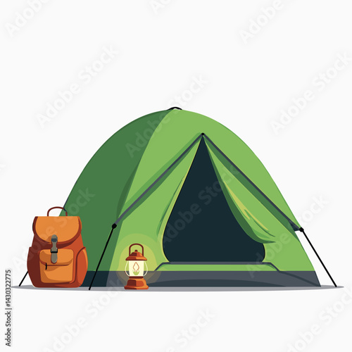 camping adventure green tent with brown backpack and lantern