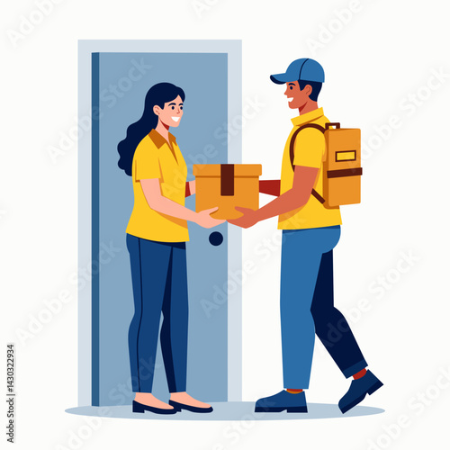 friendly delivery man and woman exchange boxes with smiles