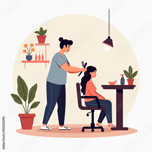 professional haircut in modern salon with potted plants