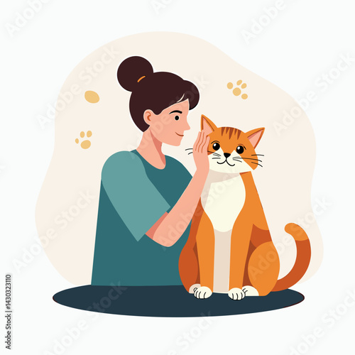woman petting orange tabby cat
