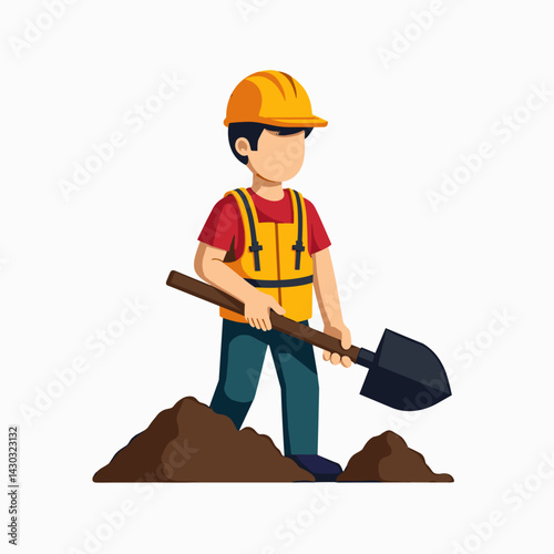 construction worker with shovel in muddy pit