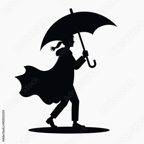 silhouette of man with umbrella in rainy weather