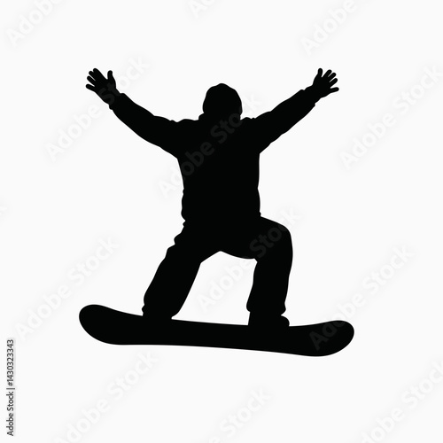 excited snowboarder in black silhouette on white background