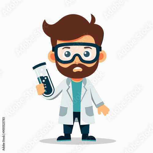 scientist character with glasses and beard, holding test tube, cartoon illustration, colorful, educational, research, experiment, lab coat, creative, fun, digital art