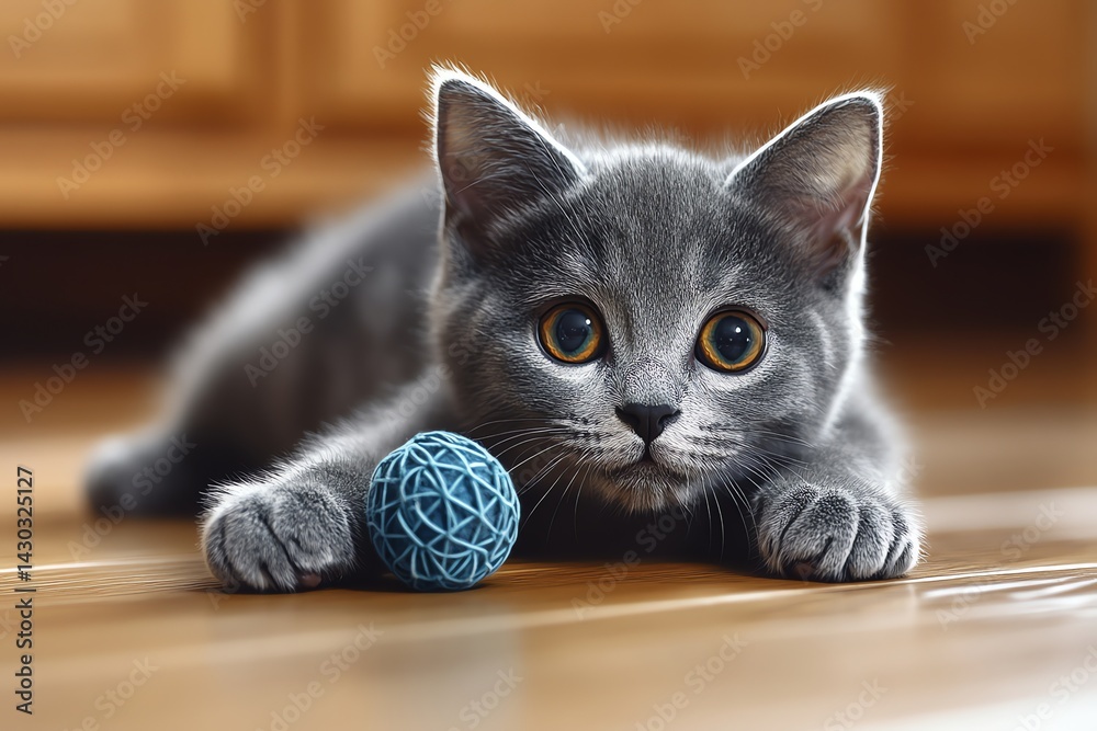 Naklejka premium Adorable Gray Kitten Playing with Blue Ball Toy