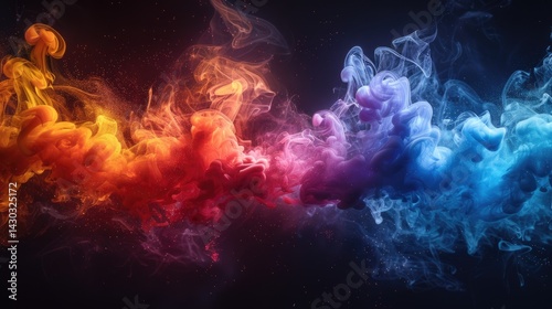 A vibrant rainbow of smoke against a black background, representing the different colors and shapes that appear when ink is burned. 