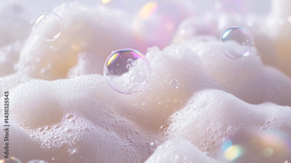 Fototapeta premium Fluffy soap foam landscape, dancing bubbles, creamy white texture, iridescent spheres, airy foam peaks, pristine background, commercial product photography, diffused lighting
