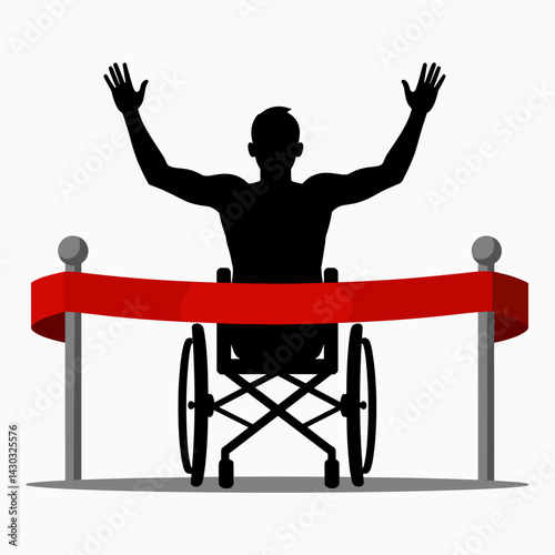celebratory wheelchair athlete with red ribbon