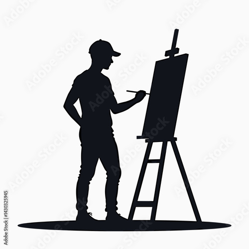 artist painting portrait with brush, silhouette style, black and white