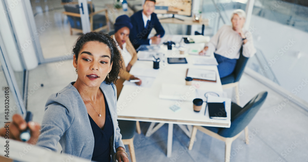 Business people, brainstorming and woman with whiteboard, above and planning for company growth. Employees, group and ideas in workshop, training and meeting for feedback, writing and review proposal