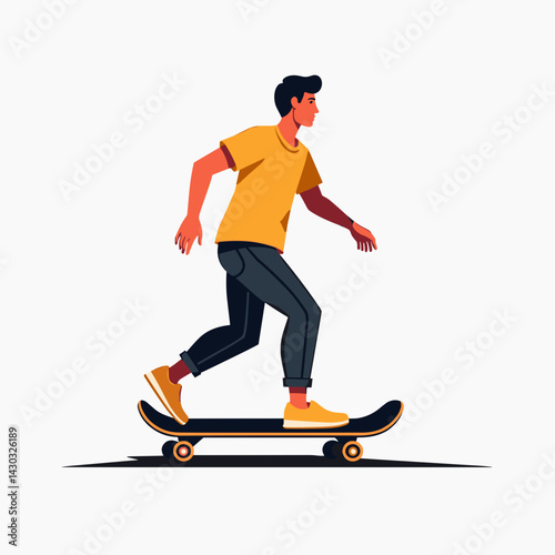 skateboarder in yellow shirt running on skateboard with orange wheels