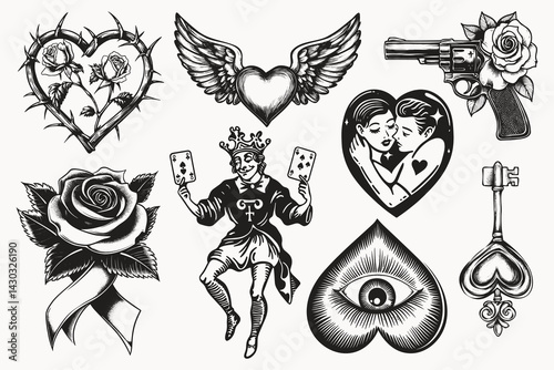 Old school tattoo ink element isolated vector set