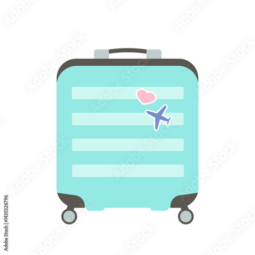 Green plastic suitcase bag for travel. Luggage baggage for summer vacation. Vector illustration