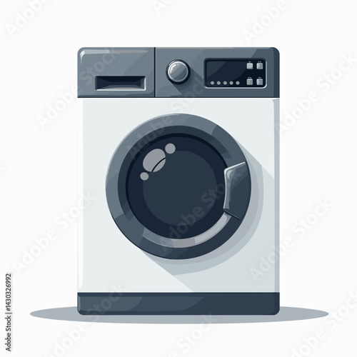 white washing machine with gray door and black controls