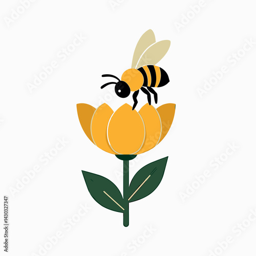 bee on yellow flower  vibrant illustration with green leaf