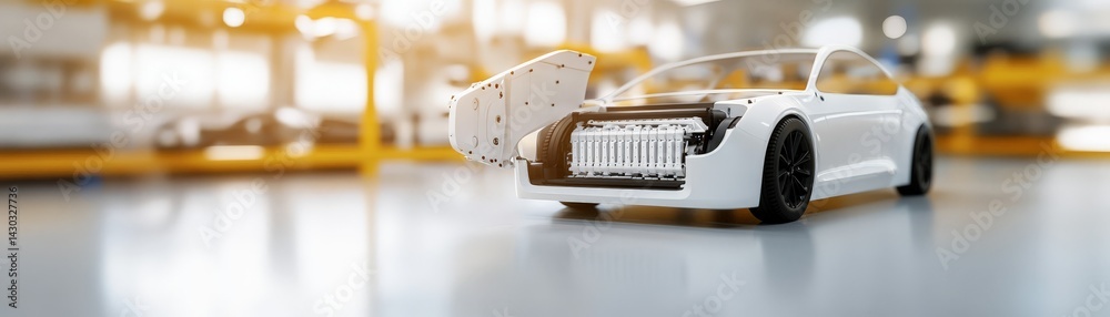 Peak Energy Solutions with Advanced Battery Storage Technology, A detailed model car with an open hood, set in a bright, industrial background.