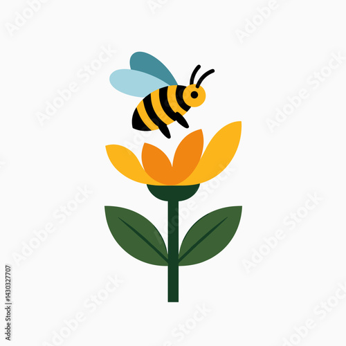 bee on yellow flower with green leaf  vibrant nature illustration