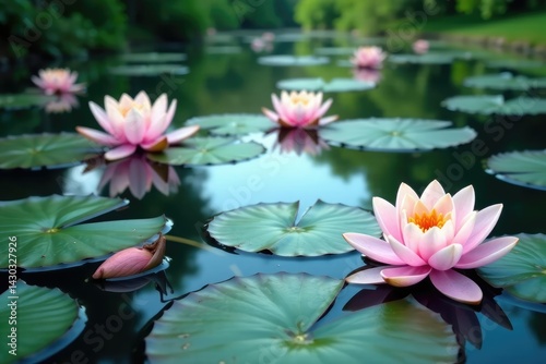 Pastel water lilies create a floral pattern across a still lake, still, pink