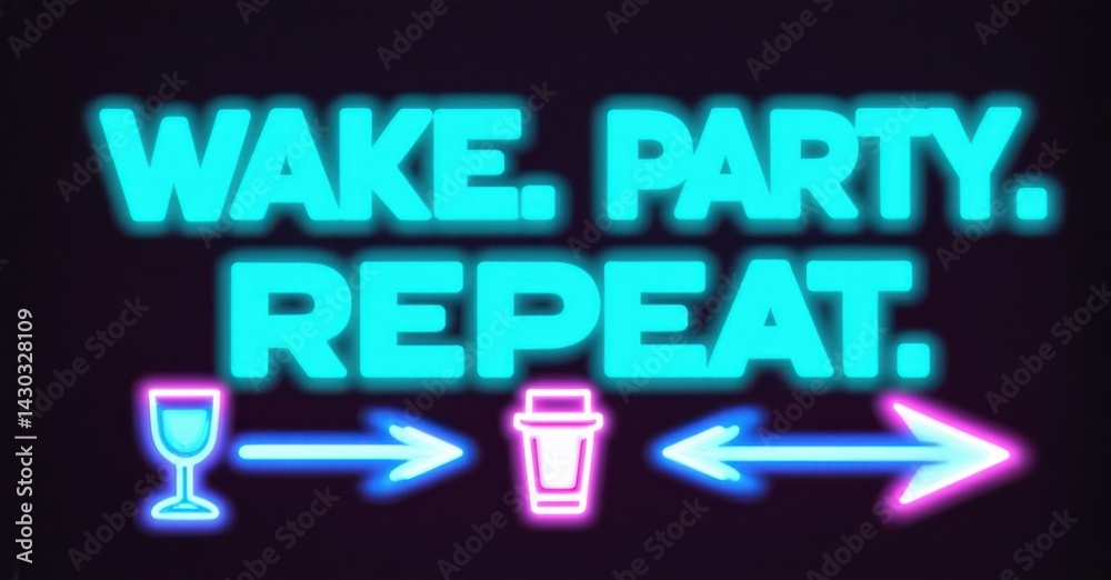 Obraz premium Neon sign displays Wake. Party. Repeat. with arrows pointing from wine glass to cocktail, then back again. Vibrant colors suggest nightlife, fun times.