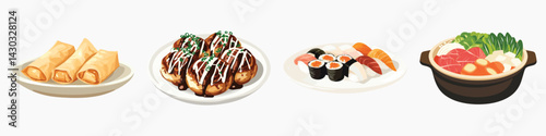 Adobe_vector_setIllustration of Asian dishes: spring rolls, takoyaki, sushi, and hot pot, vector set
