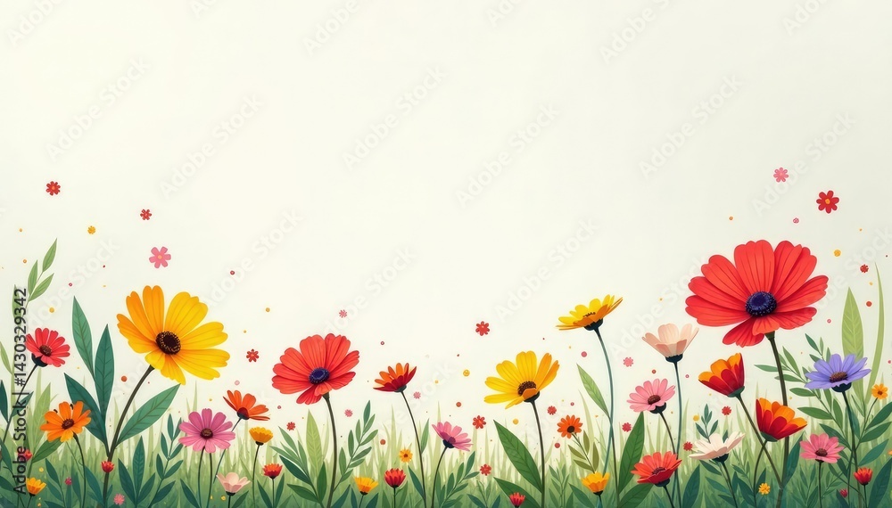 Fototapeta premium Scattered wildflowers, minimal lines, light background , nature, blue