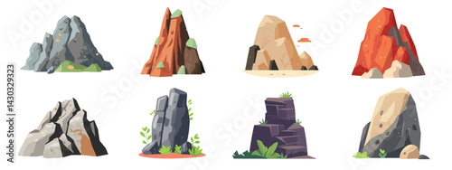 Colorful illustrated rock formations, isolated vector set
