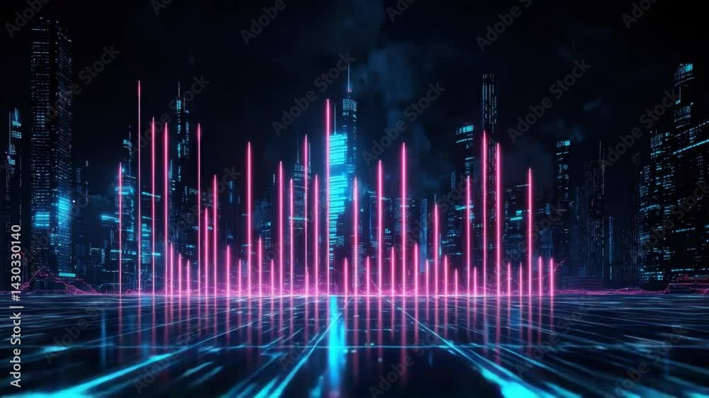 Futuristic Cityscape with Neon Lights and Data Visualizations in a Digital Environment Futuristic Cityscape with Neon Lights and Data Visualizations in a Digital Environment
