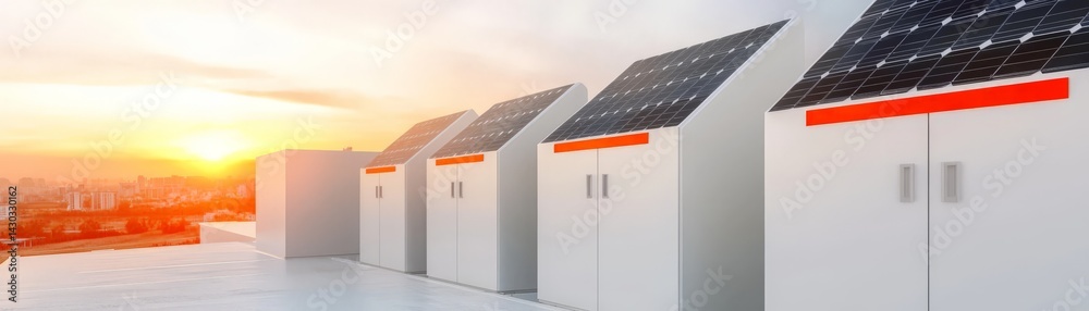 Peak Energy Solutions with Advanced Battery Storage Technology, Modern solar energy storage units on a rooftop at sunset, showcasing renewable technology.