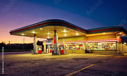 Retro gas station at sunset
