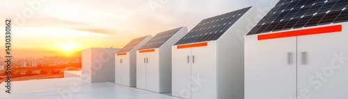 Peak Energy Solutions with Advanced Battery Storage Technology, Modern solar energy storage units on a rooftop at sunset, showcasing renewable technology.