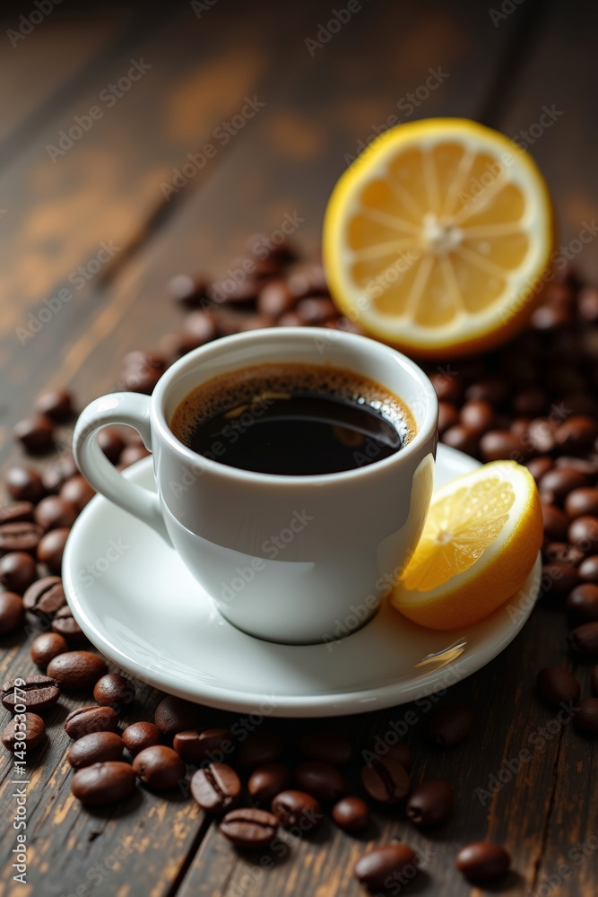 Hot black coffee in white cup with lemon slice and roasted beans on rustic wooden table Hot black coffee in white cup with lemon slice and roasted beans on rustic wooden table