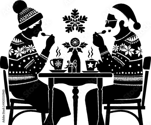elderly couple enjoying holiday treats at a cozy table  