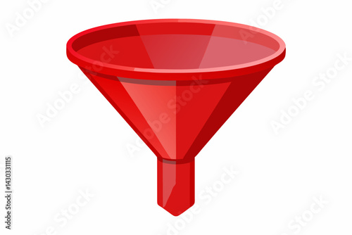 Red Plastic Funnel – Bright Kitchen Utensil with Glossy Finish on White Background in Studio Lighting.