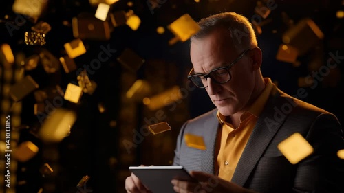 A mature businessman wearing glasses and a stylish suit is using a digital tablet, surrounded by floating gold bars and glowing golden elements. The image conveys themes of wealth, investment, financi