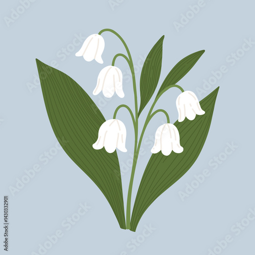 Lily of the valley flowers in hand drawn, doodle style. Suitable for spring designs, floral decorations and nature themes. Blue background.