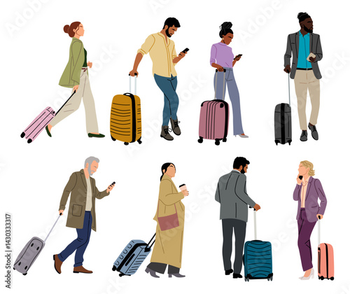 Diverse business people in casual outfit standing with suitcase, phones, luggage, waiting for departure. Business travel concept. Flat colorful vector illustration isolated on transparent background.