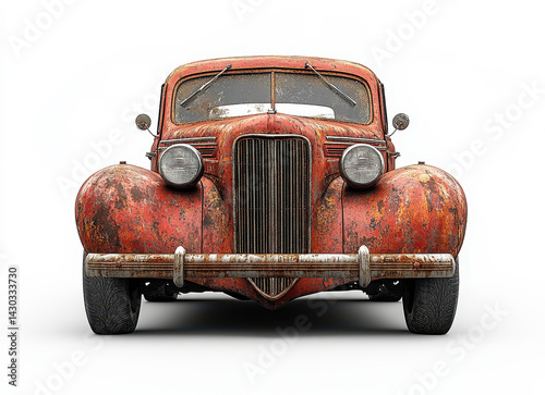 image of vintage rusty red jalopy with distinctive front grill and headlights on white background