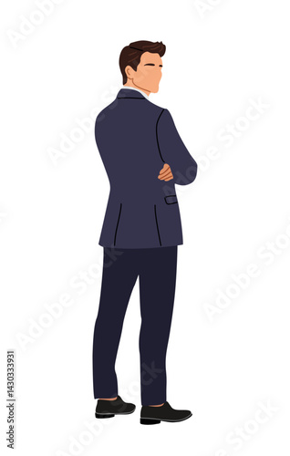 Businessman Standing Rear View. Handsome business man in formal suit turned back. Vector illustration Isolated on transparent Background.