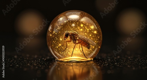 Sandfly Encased in a Sparkling Amber Sphere: A Digital Art Insect Still Life