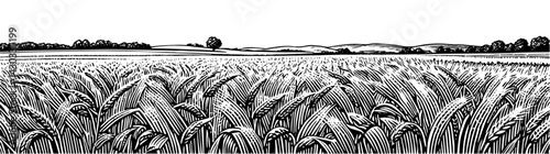 Wheat Field with Tree and Rolling Hills in Woodblock Style in Black and White Representing Vintage Agriculture