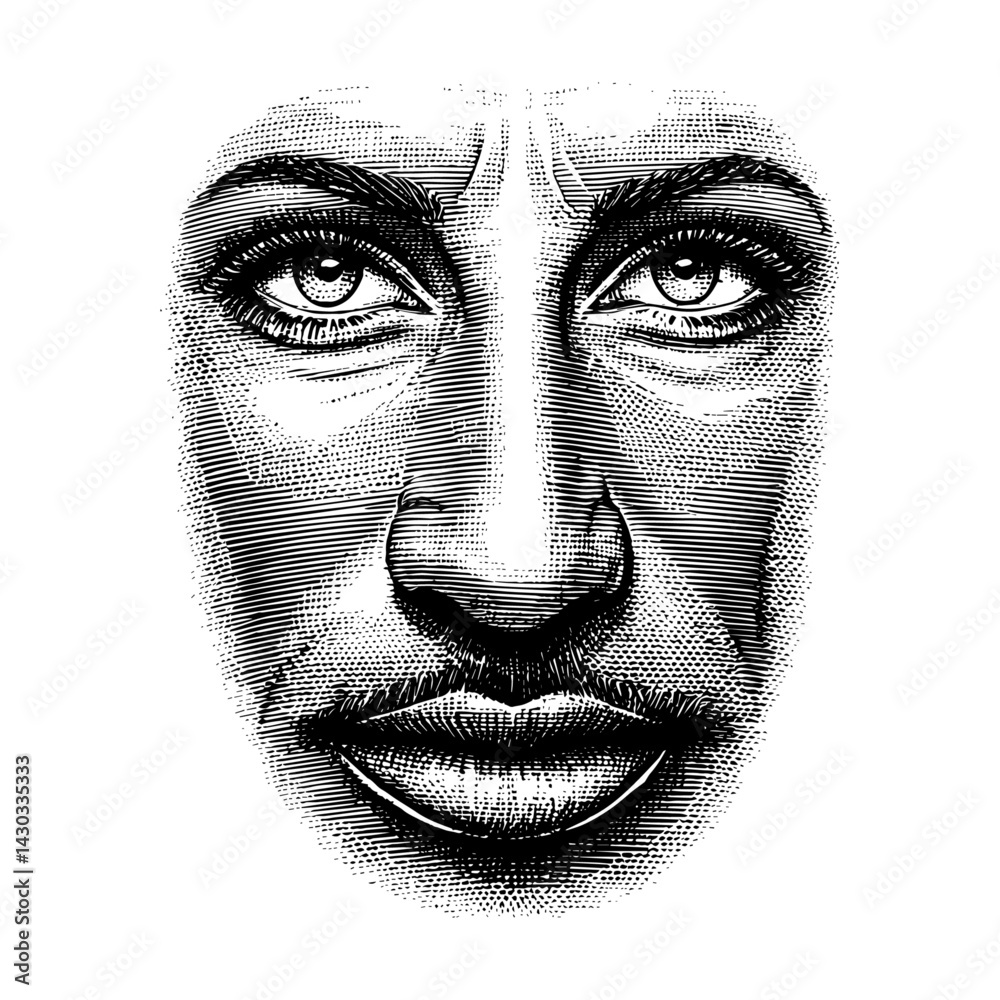 Obraz premium Face Stipple Engraving Detailed Portrait Black and White Vintage Illustration